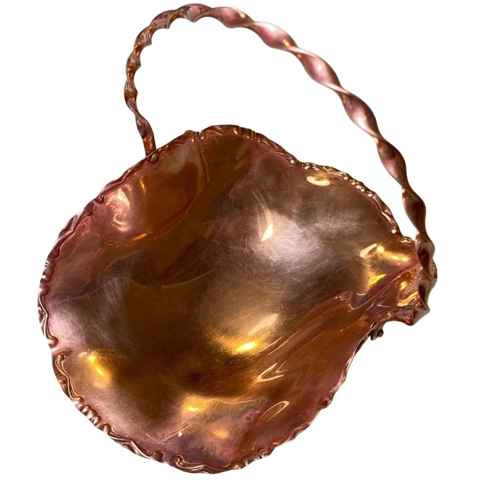 Vintage 1950s Copper Footed Basket Twisted‎ Handle Ruffled Edge Candy Dish